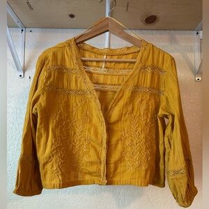 Free People Mustard Embroidered Blouse